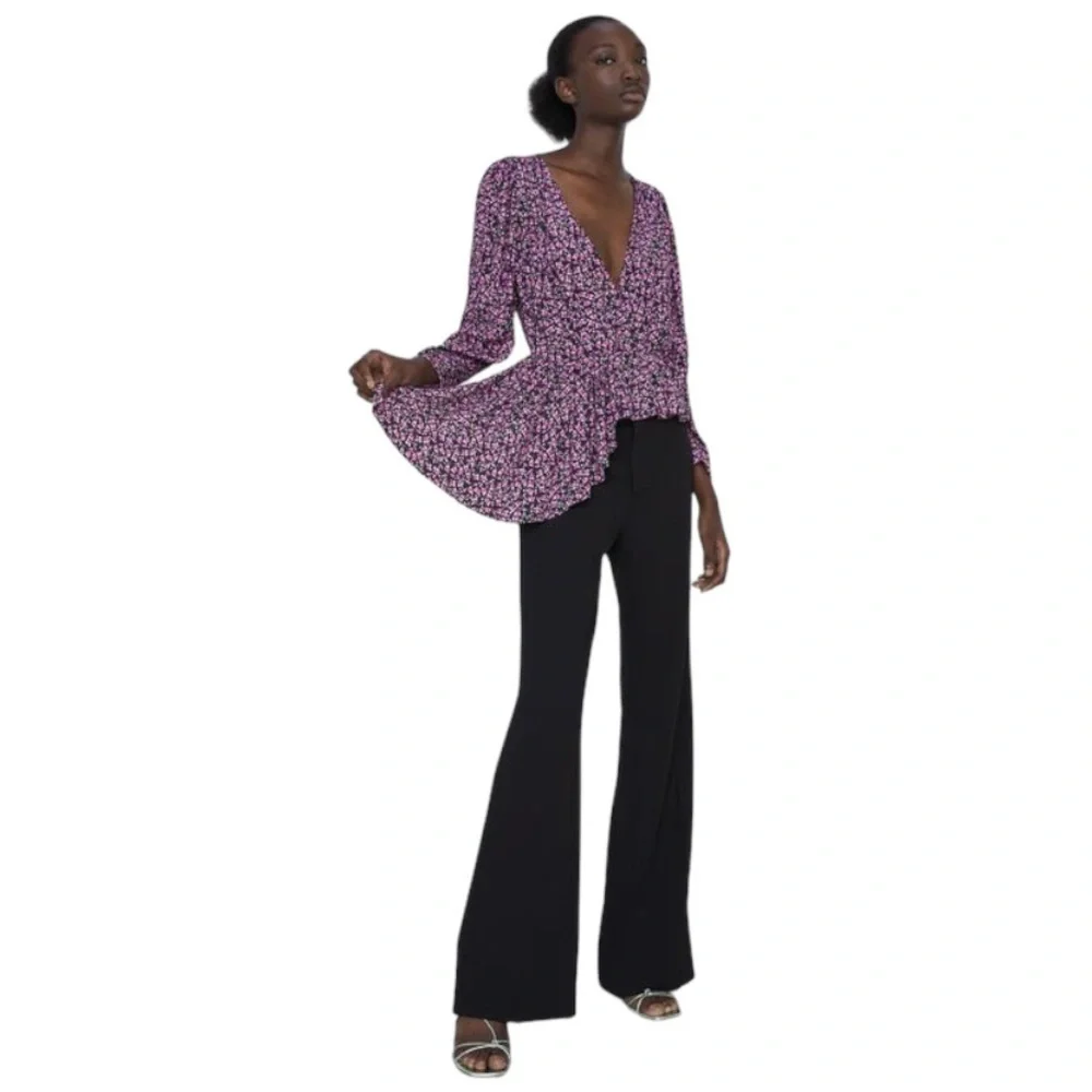Zara Floral Blouse Women’s Medium Black‎ Pink Purple Ruffle Asymmetrical - Picture 4 of 11